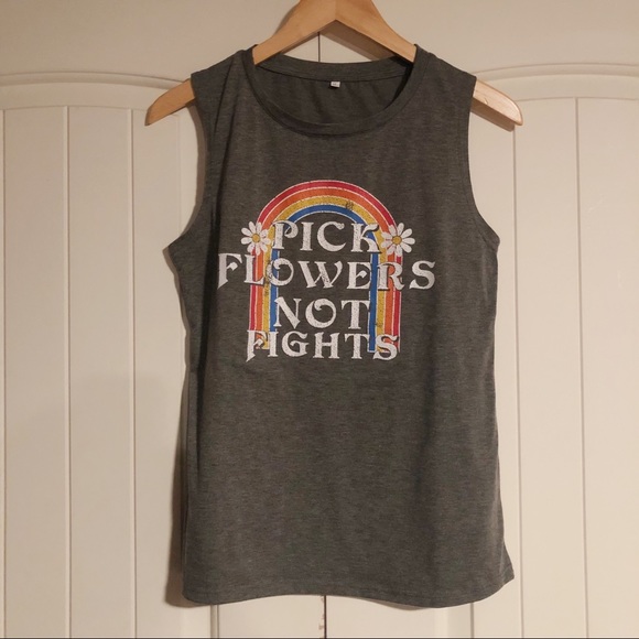Pick Flowers Not War gray tank top - Picture 5 of 7